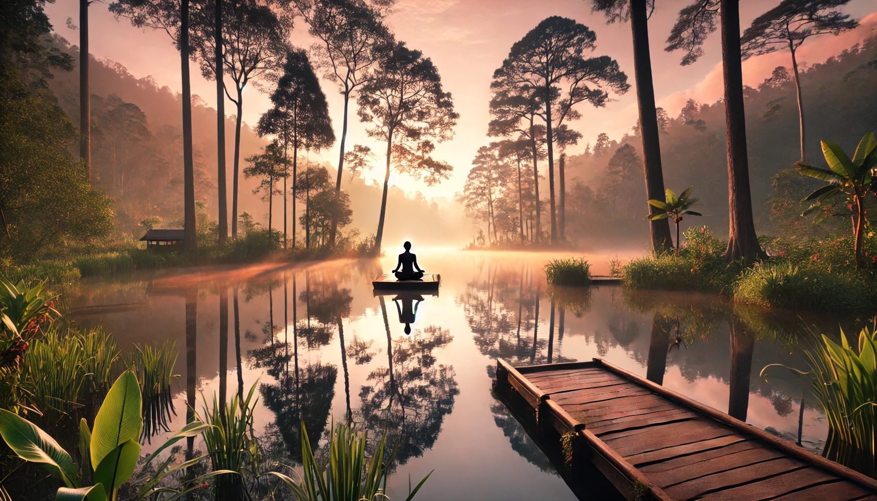 DALL·E 2024-10-19 09.19.40 - A serene landscape showing a person meditating on a wooden platform by a calm lake. The scene is set during sunrise or sunset, with soft light filteri